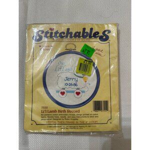 Vintage StitchableS Lil Lamb Birth Record Cross-Stitch Kit 7555 4 Hoop Blue & Mu